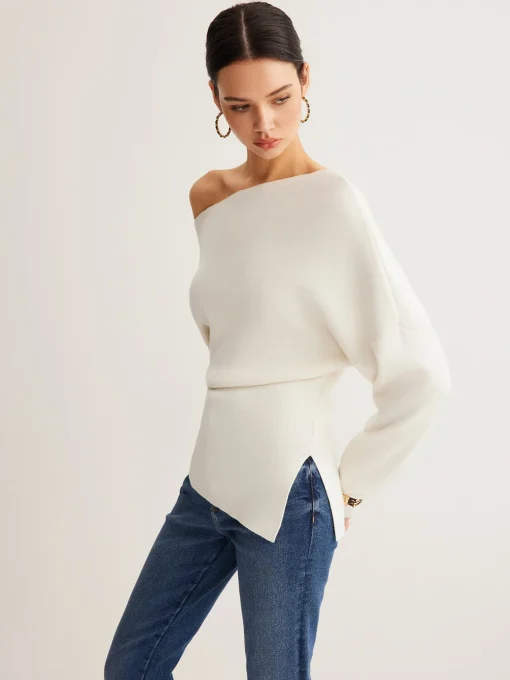 COMMENSE Sweater Tops|Sweaters & Cardigans^Wool-Blend Asymmetrical Neck Knit Top White