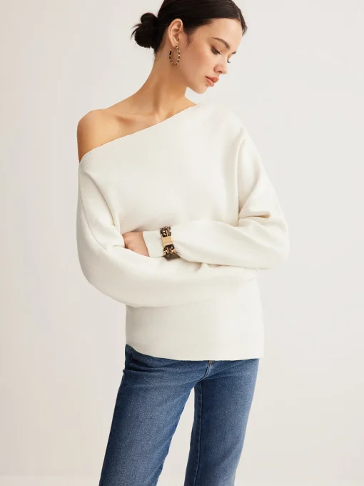 COMMENSE Sweater Tops|Sweaters & Cardigans^Wool-Blend Asymmetrical Neck Knit Top White