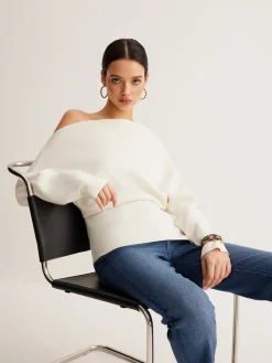 COMMENSE Sweater Tops|Sweaters & Cardigans^Wool-Blend Asymmetrical Neck Knit Top White
