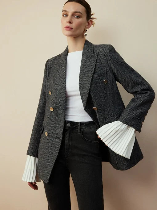 COMMENSE Outerwear|Blazers^Wool-Blend Chevron Tweed Fit Blazer Grey