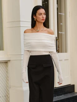 COMMENSE Sweater Tops|Sweaters & Cardigans^Wool-Blend Cold-Shoulder Ruched Knit Top Off-White