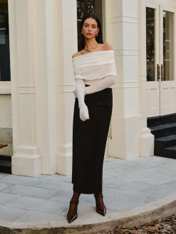 COMMENSE Sweater Tops|Sweaters & Cardigans^Wool-Blend Cold-Shoulder Ruched Knit Top Off-White