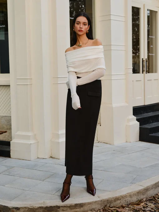 COMMENSE Sweater Tops|Sweaters & Cardigans^Wool-Blend Cold-Shoulder Ruched Knit Top Off-White