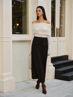 COMMENSE Sweater Tops|Sweaters & Cardigans^Wool-Blend Cold-Shoulder Ruched Knit Top Off-White