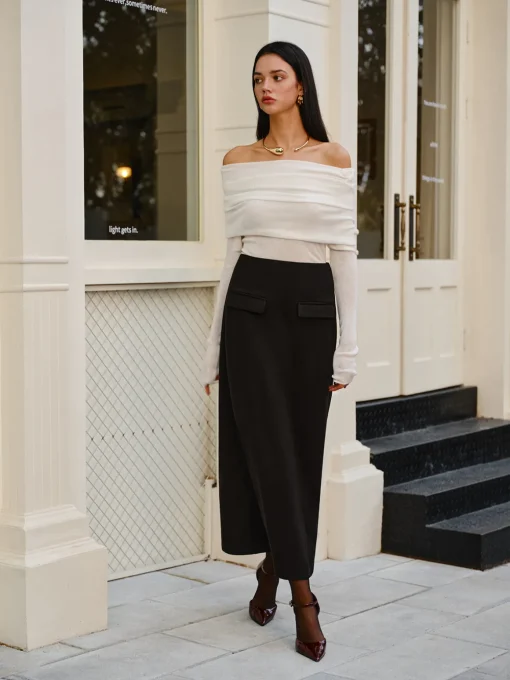 COMMENSE Sweater Tops|Sweaters & Cardigans^Wool-Blend Cold-Shoulder Ruched Knit Top Off-White