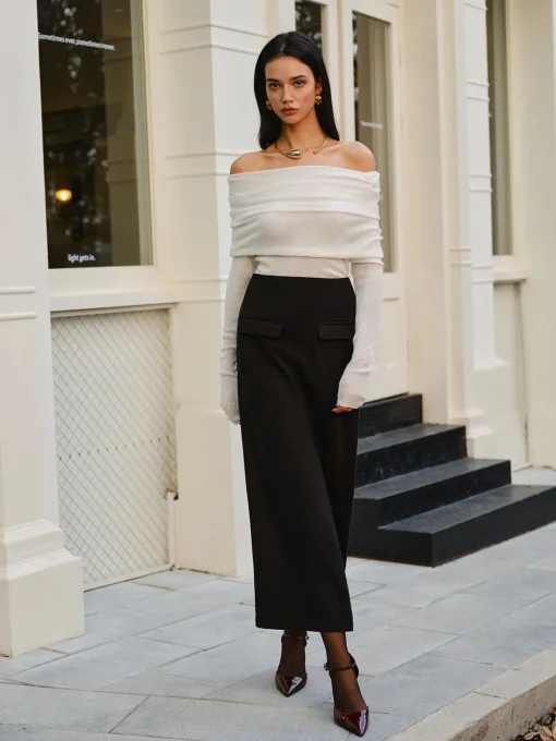 COMMENSE Sweater Tops|Sweaters & Cardigans^Wool-Blend Cold-Shoulder Ruched Knit Top Off-White