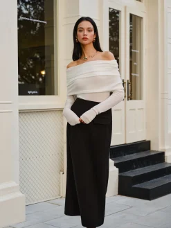 COMMENSE Sweater Tops|Sweaters & Cardigans^Wool-Blend Cold-Shoulder Ruched Knit Top Off-White