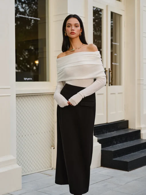 COMMENSE Sweater Tops|Sweaters & Cardigans^Wool-Blend Cold-Shoulder Ruched Knit Top Off-White