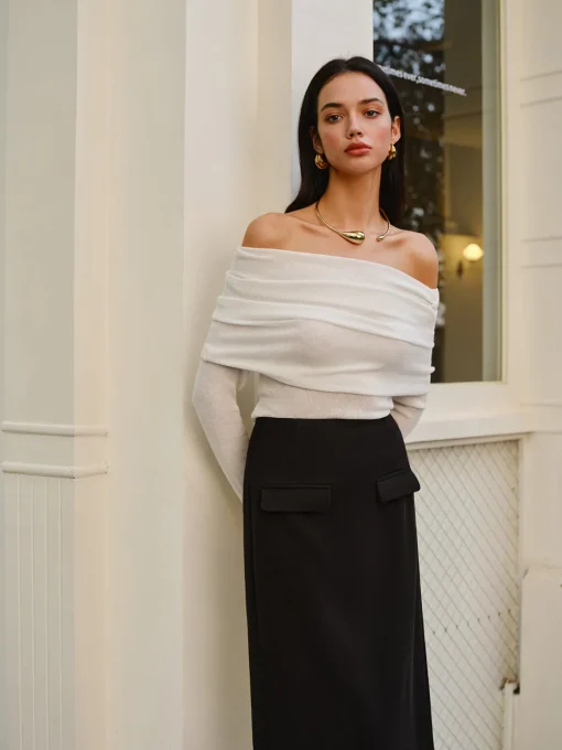 COMMENSE Sweater Tops|Sweaters & Cardigans^Wool-Blend Cold-Shoulder Ruched Knit Top Off-White