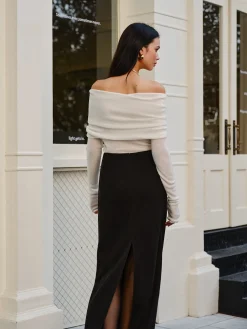 COMMENSE Sweater Tops|Sweaters & Cardigans^Wool-Blend Cold-Shoulder Ruched Knit Top Off-White