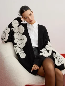 COMMENSE Cardigans|Sweaters & Cardigans^Wool-Blend Knit-Floral Cardigan Black