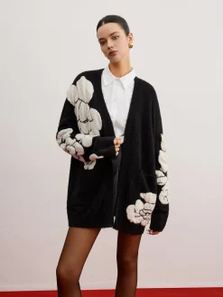 COMMENSE Cardigans|Sweaters & Cardigans^Wool-Blend Knit-Floral Cardigan Black