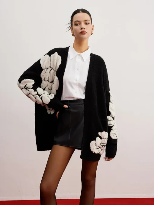 COMMENSE Cardigans|Sweaters & Cardigans^Wool-Blend Knit-Floral Cardigan Black