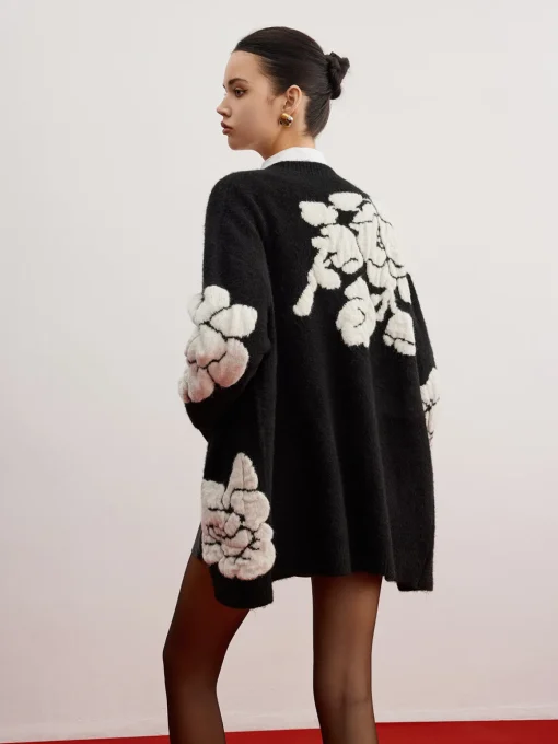 COMMENSE Cardigans|Sweaters & Cardigans^Wool-Blend Knit-Floral Cardigan Black