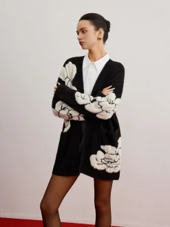 COMMENSE Cardigans|Sweaters & Cardigans^Wool-Blend Knit-Floral Cardigan Black
