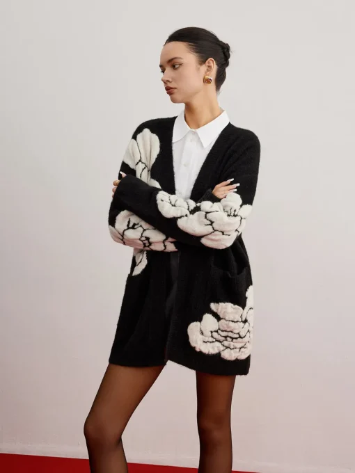 COMMENSE Cardigans|Sweaters & Cardigans^Wool-Blend Knit-Floral Cardigan Black