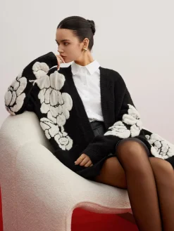 COMMENSE Cardigans|Sweaters & Cardigans^Wool-Blend Knit-Floral Cardigan Black