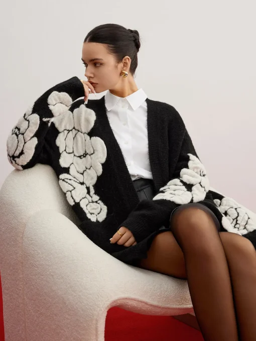 COMMENSE Cardigans|Sweaters & Cardigans^Wool-Blend Knit-Floral Cardigan Black