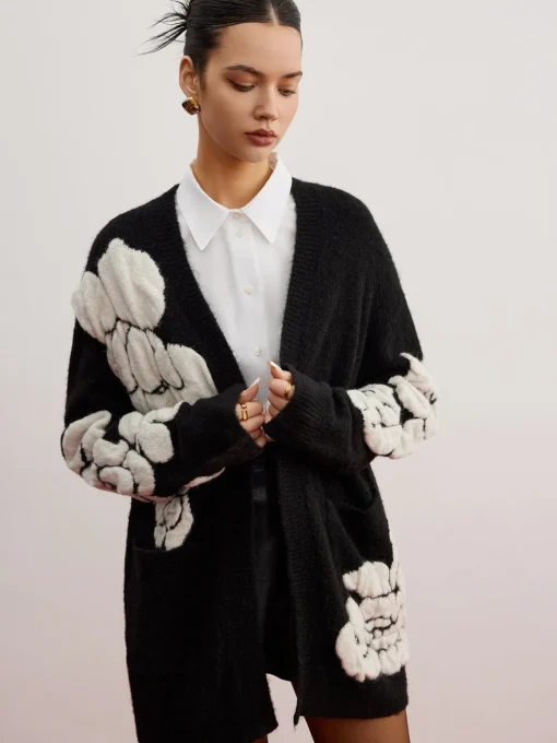 COMMENSE Cardigans|Sweaters & Cardigans^Wool-Blend Knit-Floral Cardigan Black