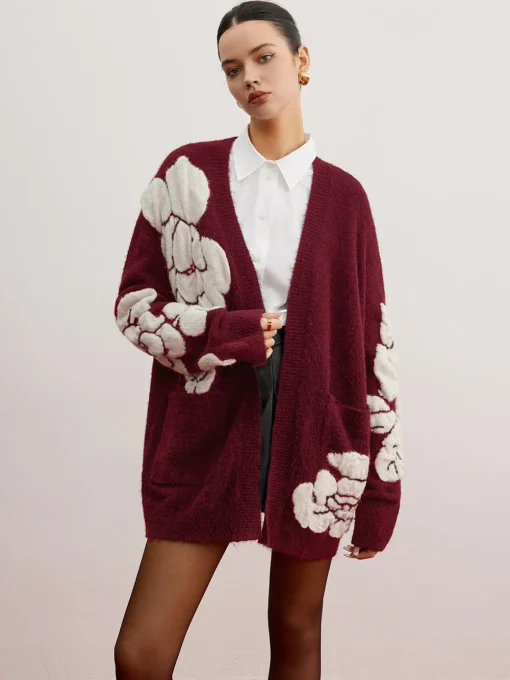 COMMENSE Cardigans|Sweaters & Cardigans^Wool-Blend Knit-Floral Cardigan Black