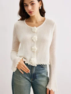 COMMENSE Cardigans|Sweaters & Cardigans^Wool-Blend Lettuce Trim 3D Flower Cardigan Beige