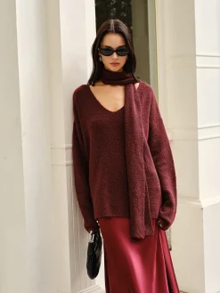 COMMENSE Sweater Tops|Sweaters & Cardigans^Wool-Blend Loose Scarf Sweater Burgundy