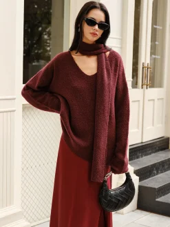 COMMENSE Sweater Tops|Sweaters & Cardigans^Wool-Blend Loose Scarf Sweater Burgundy