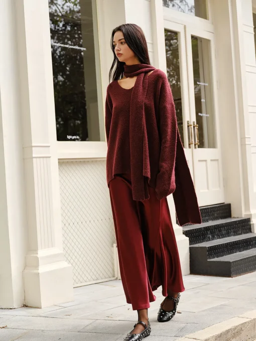 COMMENSE Sweater Tops|Sweaters & Cardigans^Wool-Blend Loose Scarf Sweater Burgundy