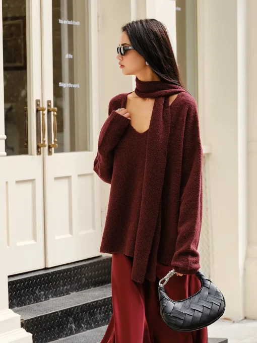 COMMENSE Sweater Tops|Sweaters & Cardigans^Wool-Blend Loose Scarf Sweater Burgundy