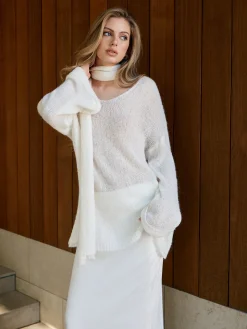 COMMENSE Sweater Tops|Sweaters & Cardigans^Wool-Blend Semi-Sheer Sweater With Scarf White