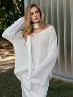 COMMENSE Sweater Tops|Sweaters & Cardigans^Wool-Blend Semi-Sheer Sweater With Scarf White