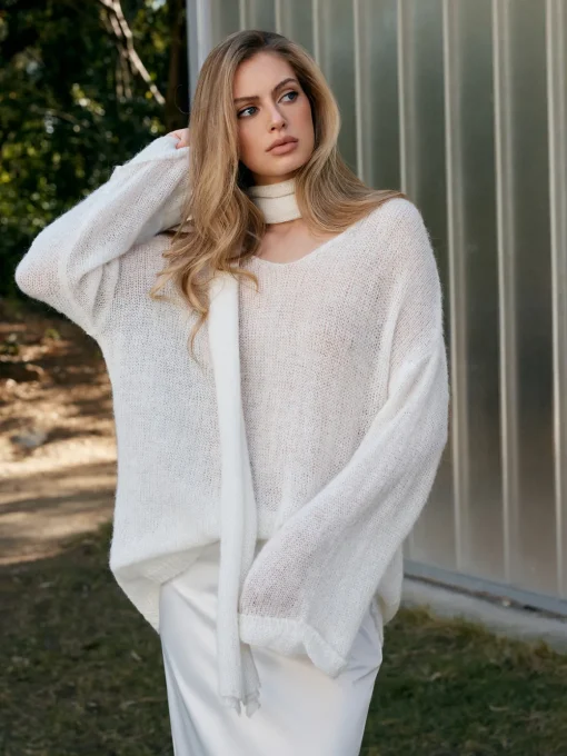 COMMENSE Sweater Tops|Sweaters & Cardigans^Wool-Blend Semi-Sheer Sweater With Scarf White