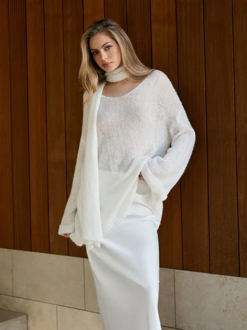 COMMENSE Sweater Tops|Sweaters & Cardigans^Wool-Blend Semi-Sheer Sweater With Scarf White