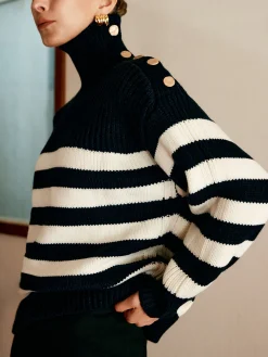 COMMENSE Sweater Tops|Sweaters & Cardigans^Wool-Blend Turtleneck Striped Sweater Navy