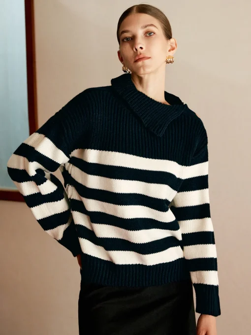 COMMENSE Sweater Tops|Sweaters & Cardigans^Wool-Blend Turtleneck Striped Sweater Navy
