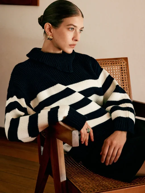 COMMENSE Sweater Tops|Sweaters & Cardigans^Wool-Blend Turtleneck Striped Sweater Navy
