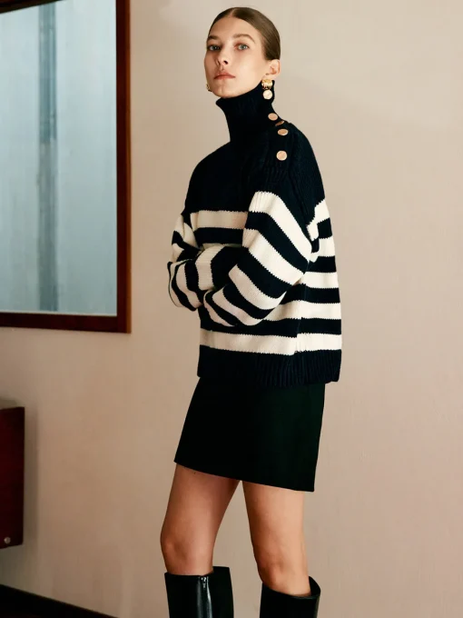 COMMENSE Sweater Tops|Sweaters & Cardigans^Wool-Blend Turtleneck Striped Sweater Navy