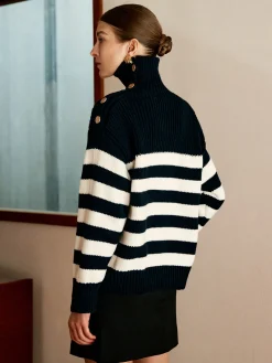 COMMENSE Sweater Tops|Sweaters & Cardigans^Wool-Blend Turtleneck Striped Sweater Navy