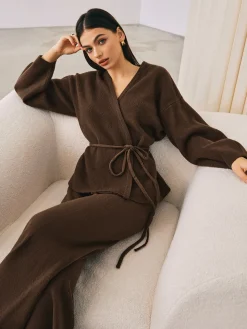 COMMENSE Sweater Tops|Sweaters & Cardigans^Wrap Belted Sweater Pants Set DarkBrown
