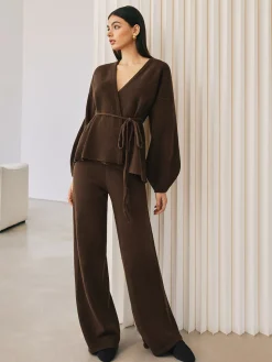 COMMENSE Sweater Tops|Sweaters & Cardigans^Wrap Belted Sweater Pants Set DarkBrown