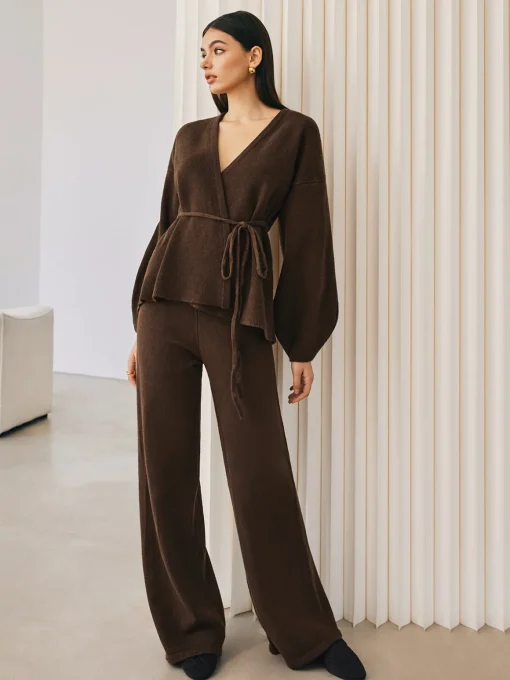 COMMENSE Sweater Tops|Sweaters & Cardigans^Wrap Belted Sweater Pants Set DarkBrown