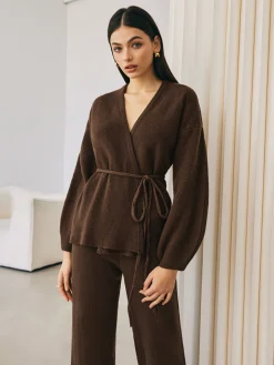 COMMENSE Sweater Tops|Sweaters & Cardigans^Wrap Belted Sweater Pants Set DarkBrown