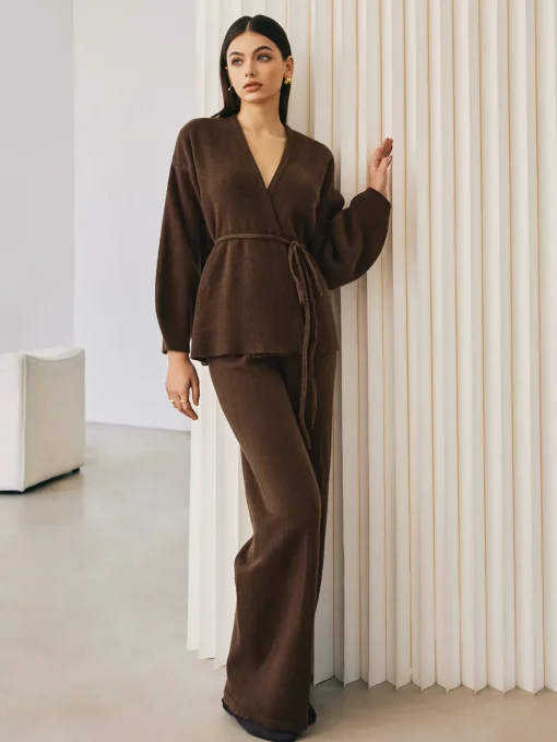 COMMENSE Sweater Tops|Sweaters & Cardigans^Wrap Belted Sweater Pants Set DarkBrown