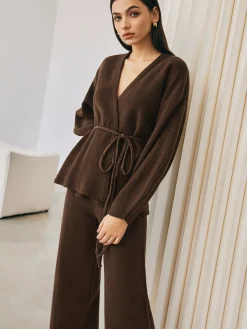 COMMENSE Sweater Tops|Sweaters & Cardigans^Wrap Belted Sweater Pants Set DarkBrown