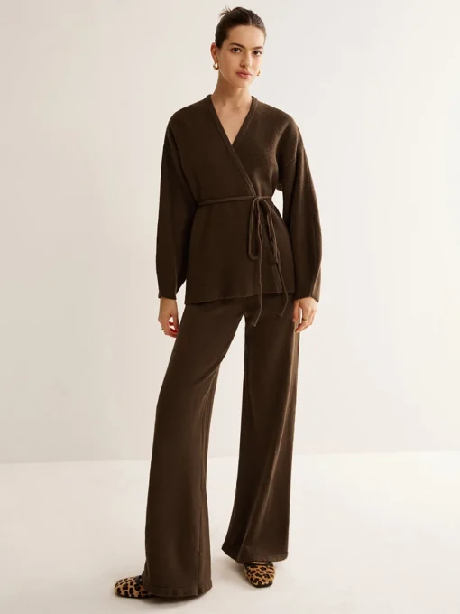 COMMENSE Sweater Tops|Sweaters & Cardigans^Wrap Belted Sweater Pants Set DarkBrown