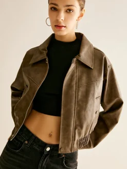 COMMENSE Outerwear|Jackets^Zipper Faux Leather Jacket Brown