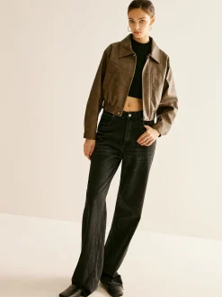 COMMENSE Outerwear|Jackets^Zipper Faux Leather Jacket Brown