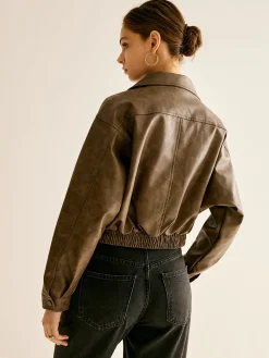 COMMENSE Outerwear|Jackets^Zipper Faux Leather Jacket Brown