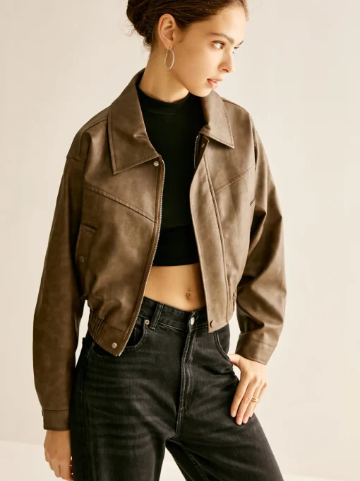 COMMENSE Outerwear|Jackets^Zipper Faux Leather Jacket Brown