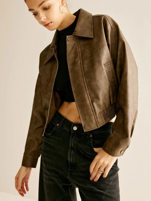 COMMENSE Outerwear|Jackets^Zipper Faux Leather Jacket Brown